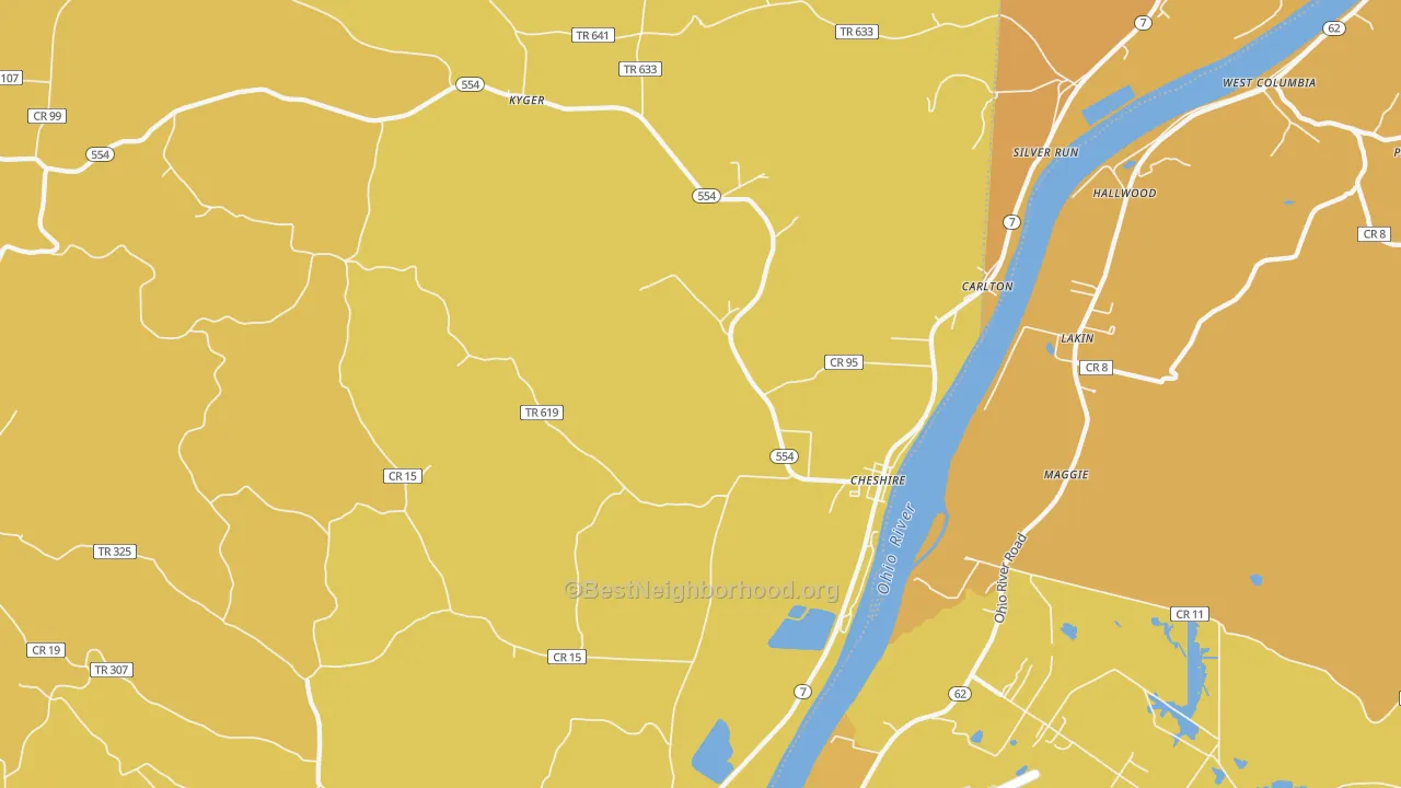 Map of the best neighborhoods in the 45620 area, with better matches in green and worse matches in red