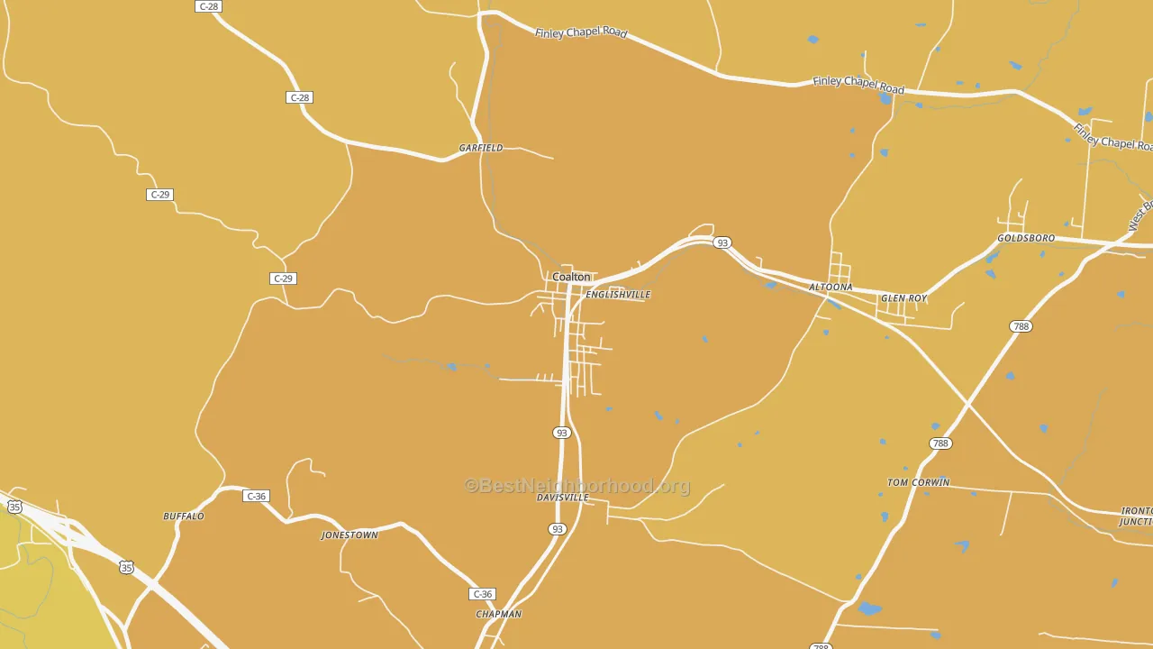 Map of the best neighborhoods in the 45621 area, with better matches in green and worse matches in red