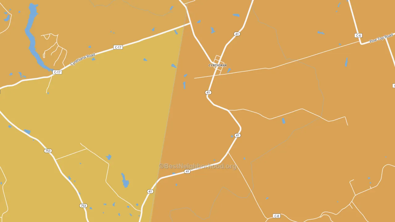 Map of the best neighborhoods in the 45624 area, with better matches in green and worse matches in red