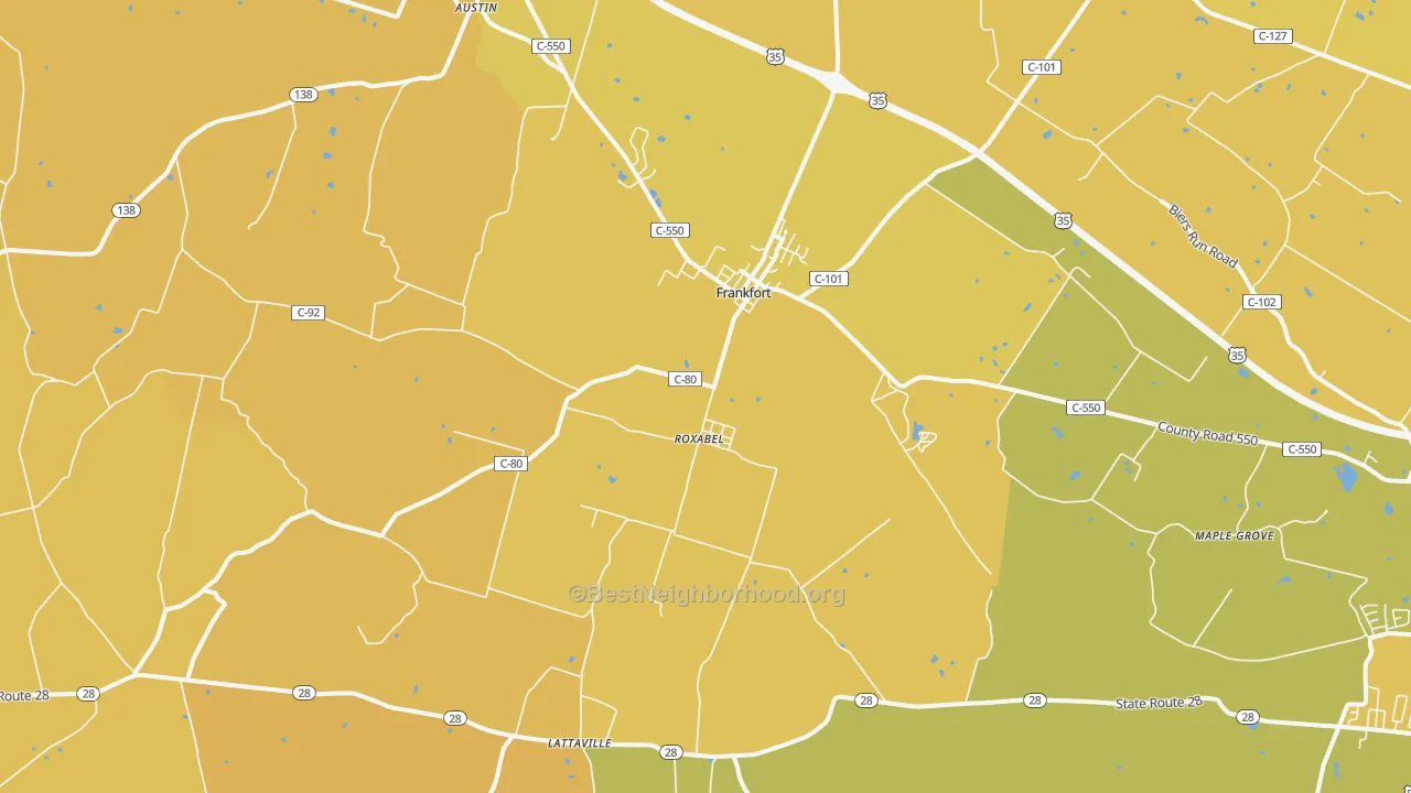 Map of the best neighborhoods in the 45628 area, with better matches in green and worse matches in red