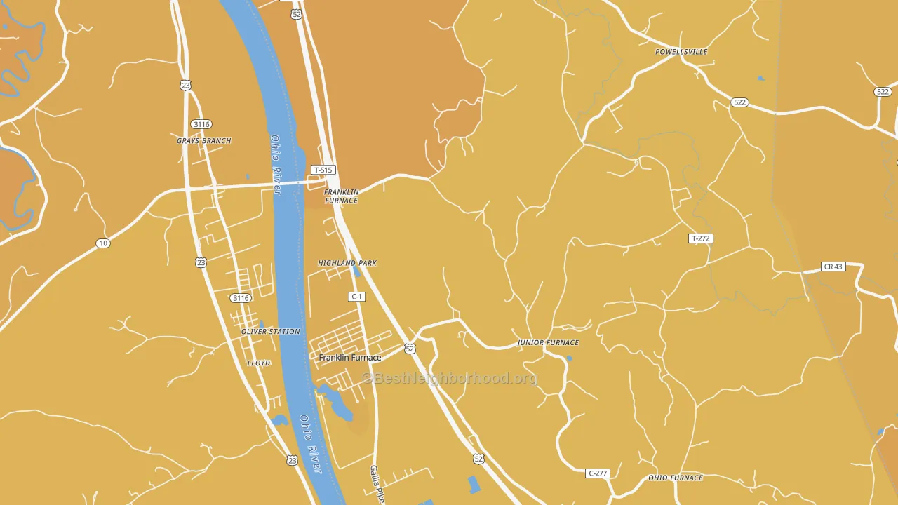 Map of the best neighborhoods in the 45629 area, with better matches in green and worse matches in red