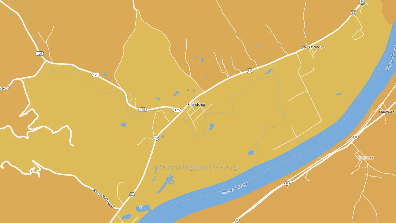 Map of the best neighborhoods in the 45630 area, with better matches in green and worse matches in red
