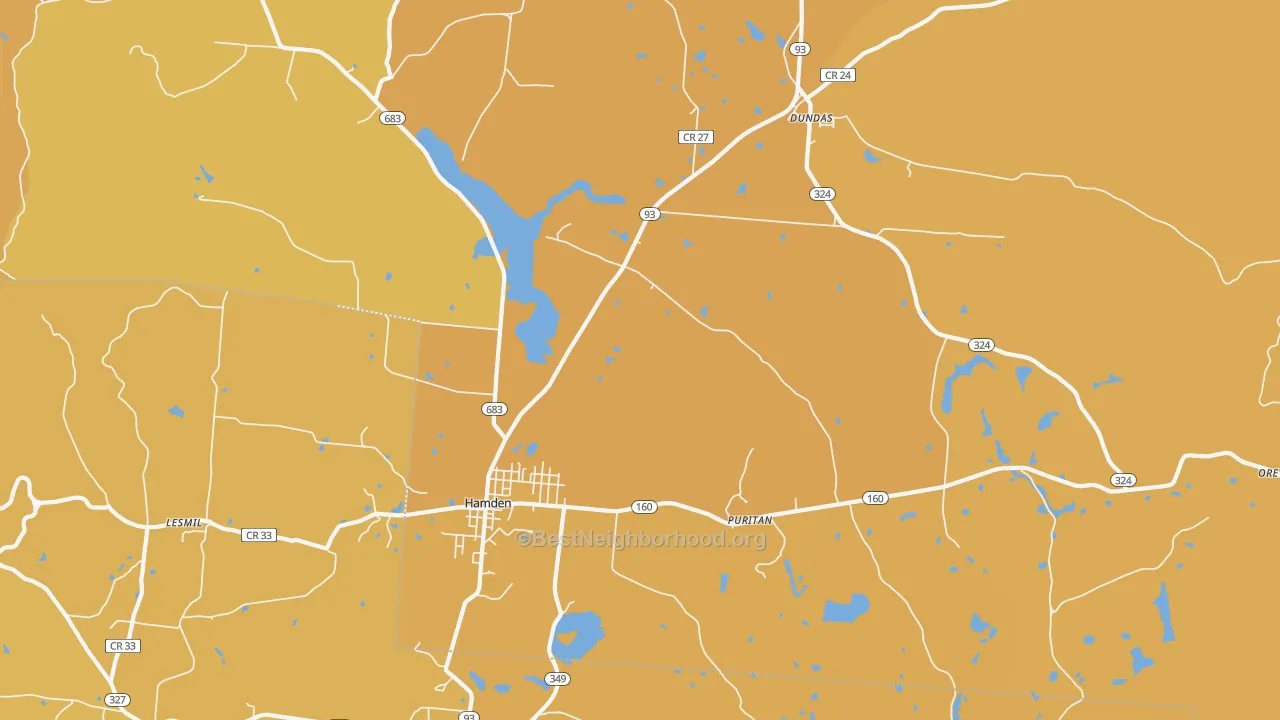 Map of the best neighborhoods in the 45634 area, with better matches in green and worse matches in red