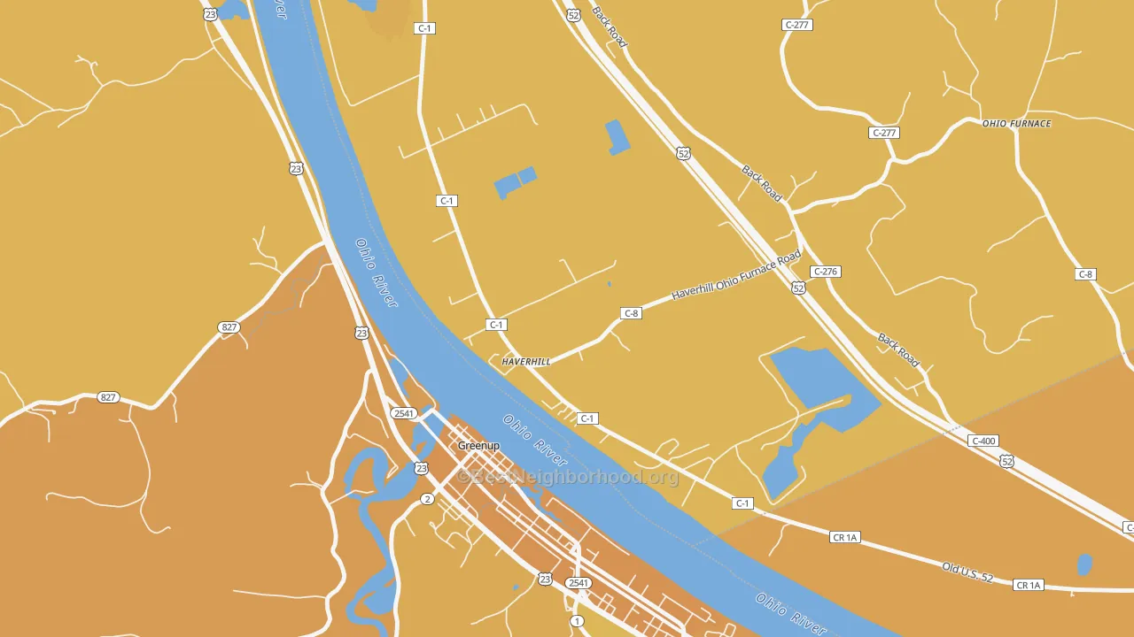 Map of the best neighborhoods in the 45636 area, with better matches in green and worse matches in red