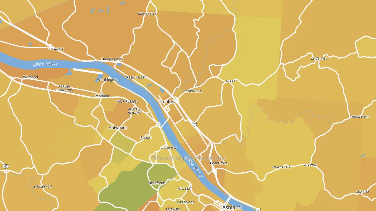 Map of the best neighborhoods in the 45638 area, with better matches in green and worse matches in red
