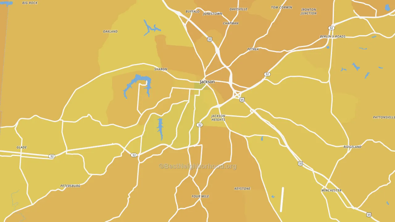 Map of the best neighborhoods in the 45640 area, with better matches in green and worse matches in red