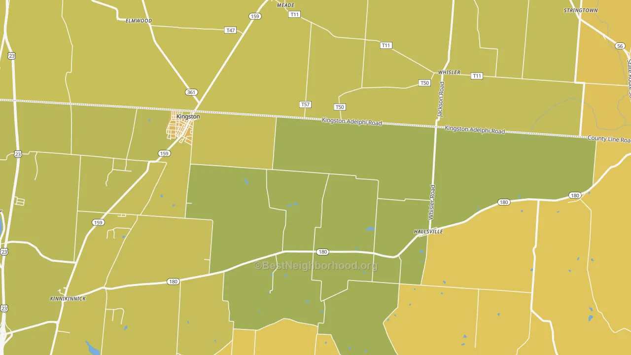 Map of the best neighborhoods in the 45644 area, with better matches in green and worse matches in red