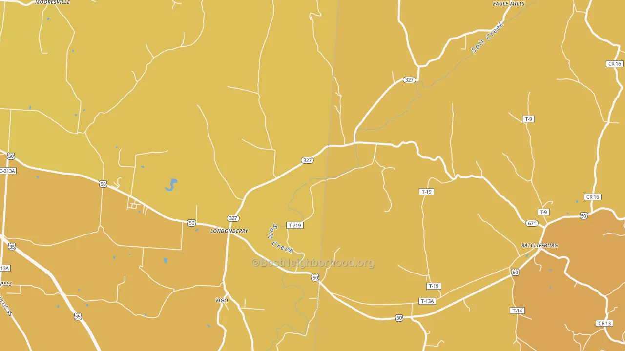 Map of the best neighborhoods in the 45647 area, with better matches in green and worse matches in red