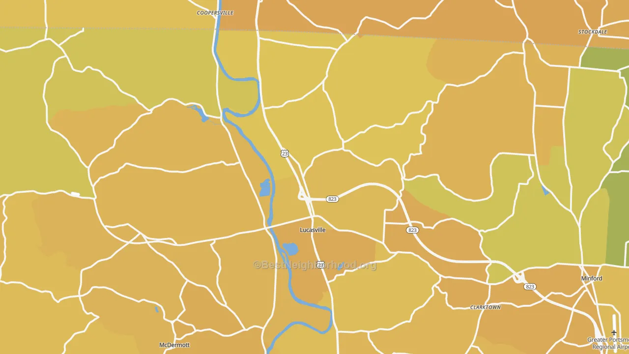 Map of the best neighborhoods in the 45648 area, with better matches in green and worse matches in red