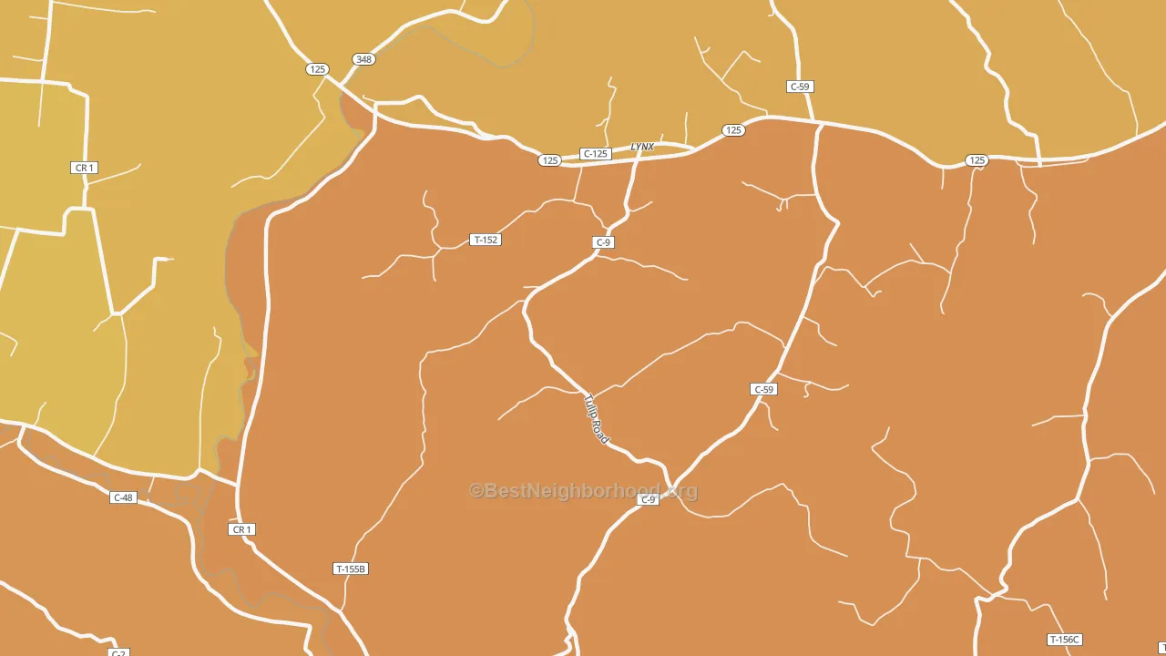 Map of the best neighborhoods in the 45650 area, with better matches in green and worse matches in red