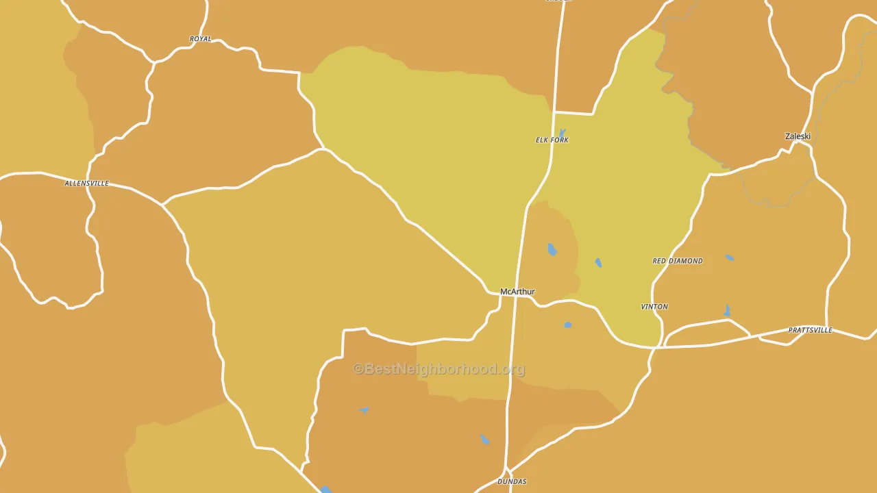 Map of the best neighborhoods in the 45651 area, with better matches in green and worse matches in red