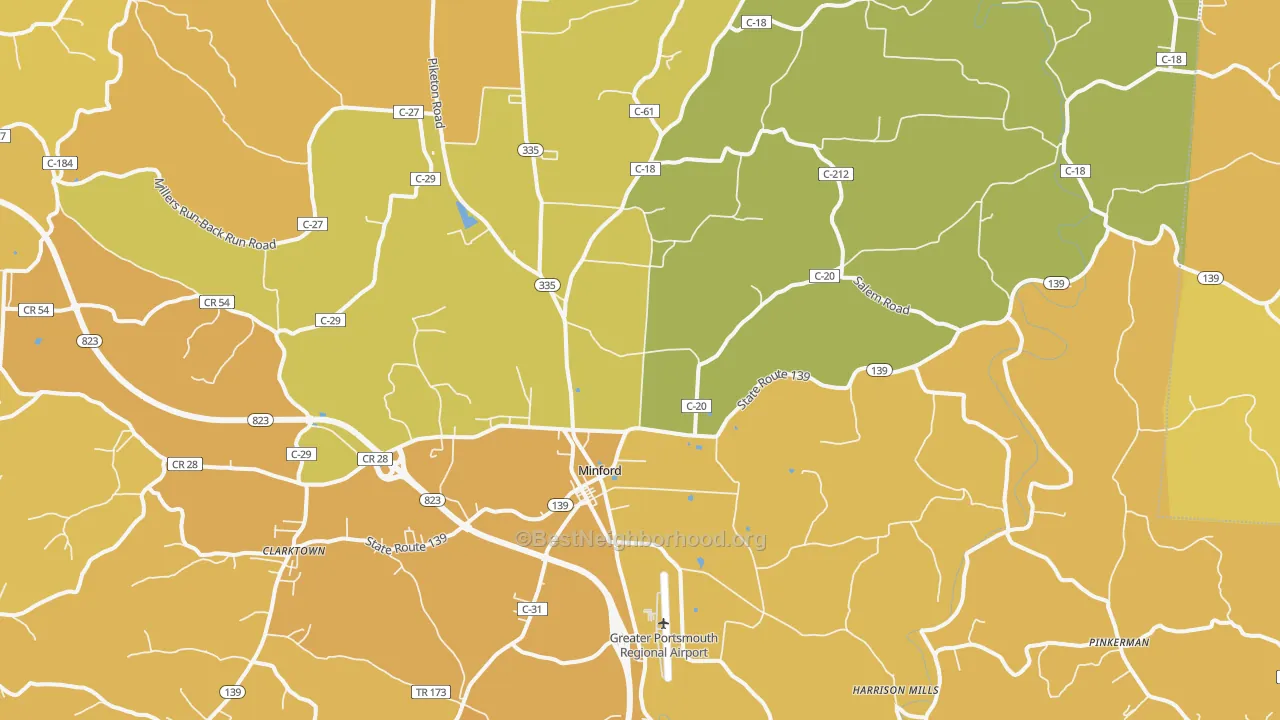 Map of the best neighborhoods in the 45653 area, with better matches in green and worse matches in red