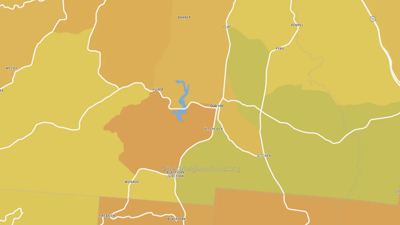 Map of the best neighborhoods in the 45656 area, with better matches in green and worse matches in red