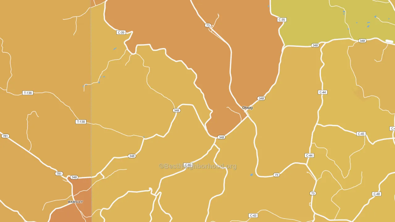 Map of the best neighborhoods in the 45657 area, with better matches in green and worse matches in red