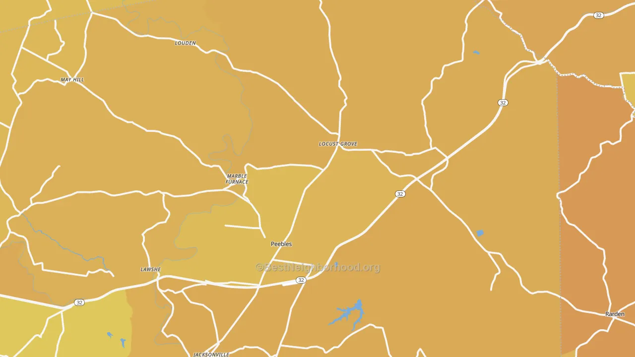 Map of the best neighborhoods in the 45660 area, with better matches in green and worse matches in red