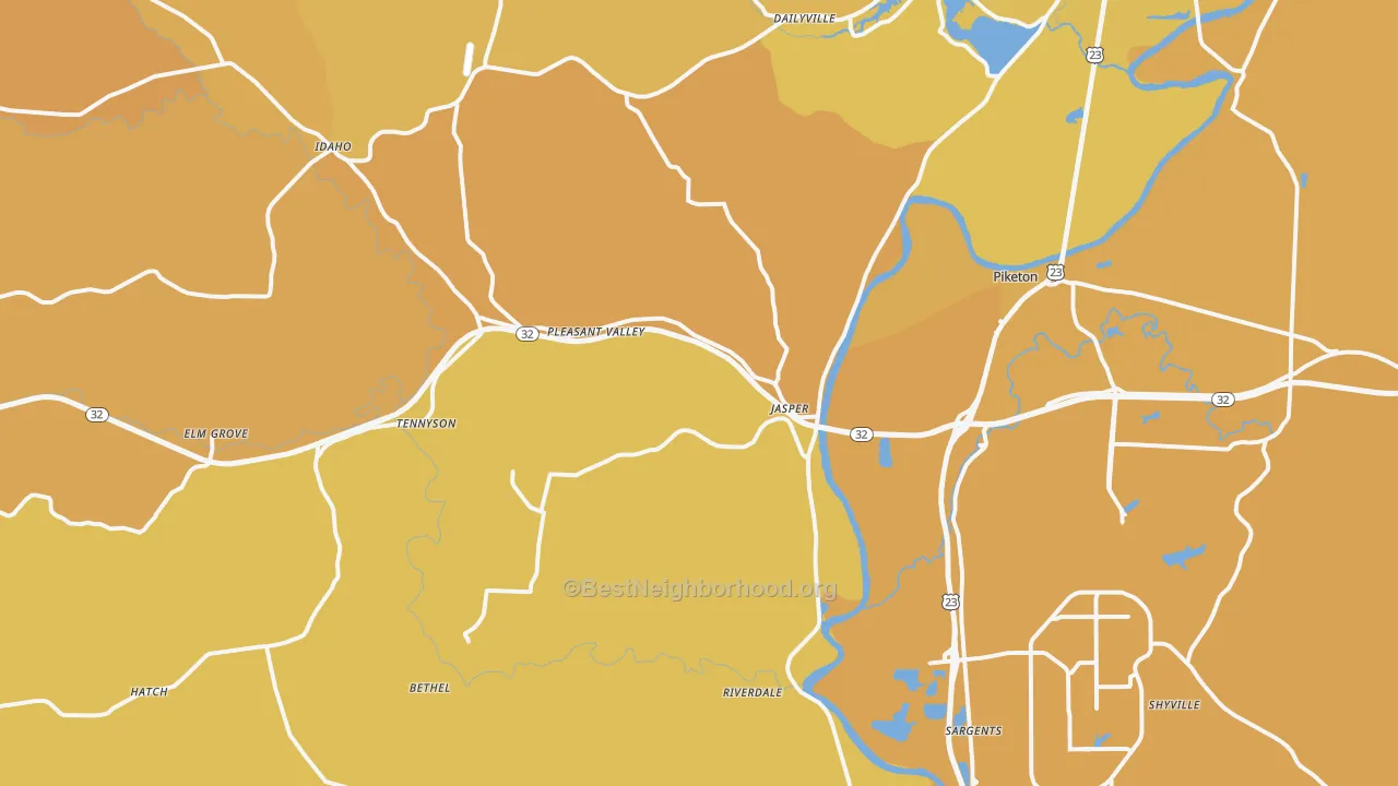 Map of the best neighborhoods in the 45661 area, with better matches in green and worse matches in red