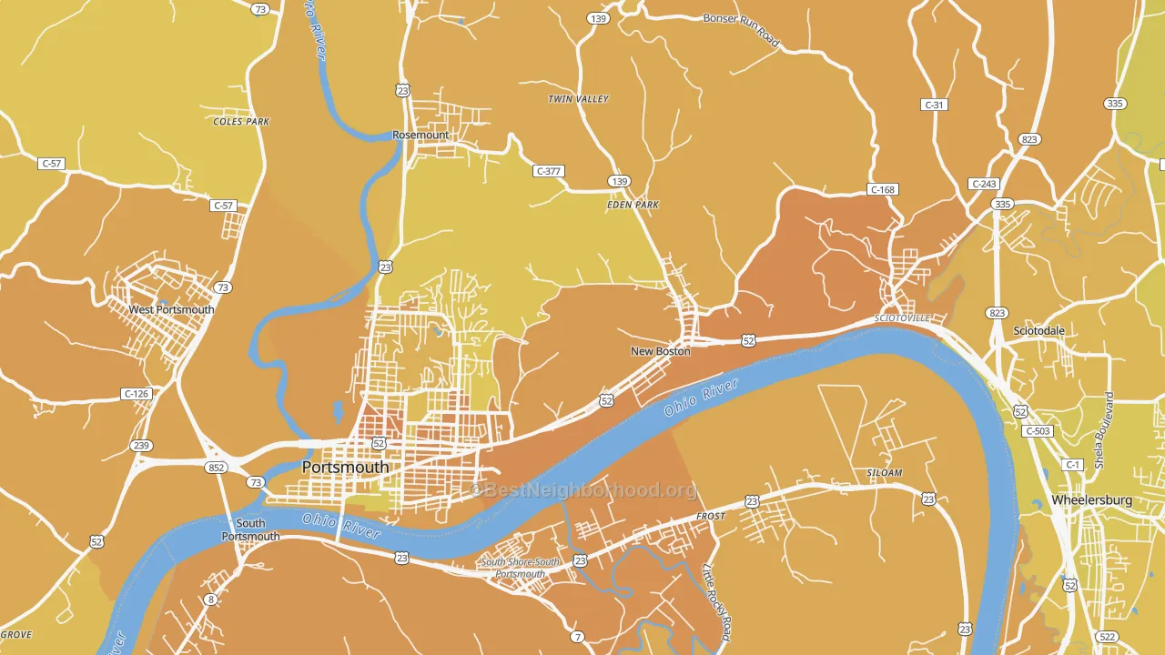 Map of the best neighborhoods in the 45662 area, with better matches in green and worse matches in red