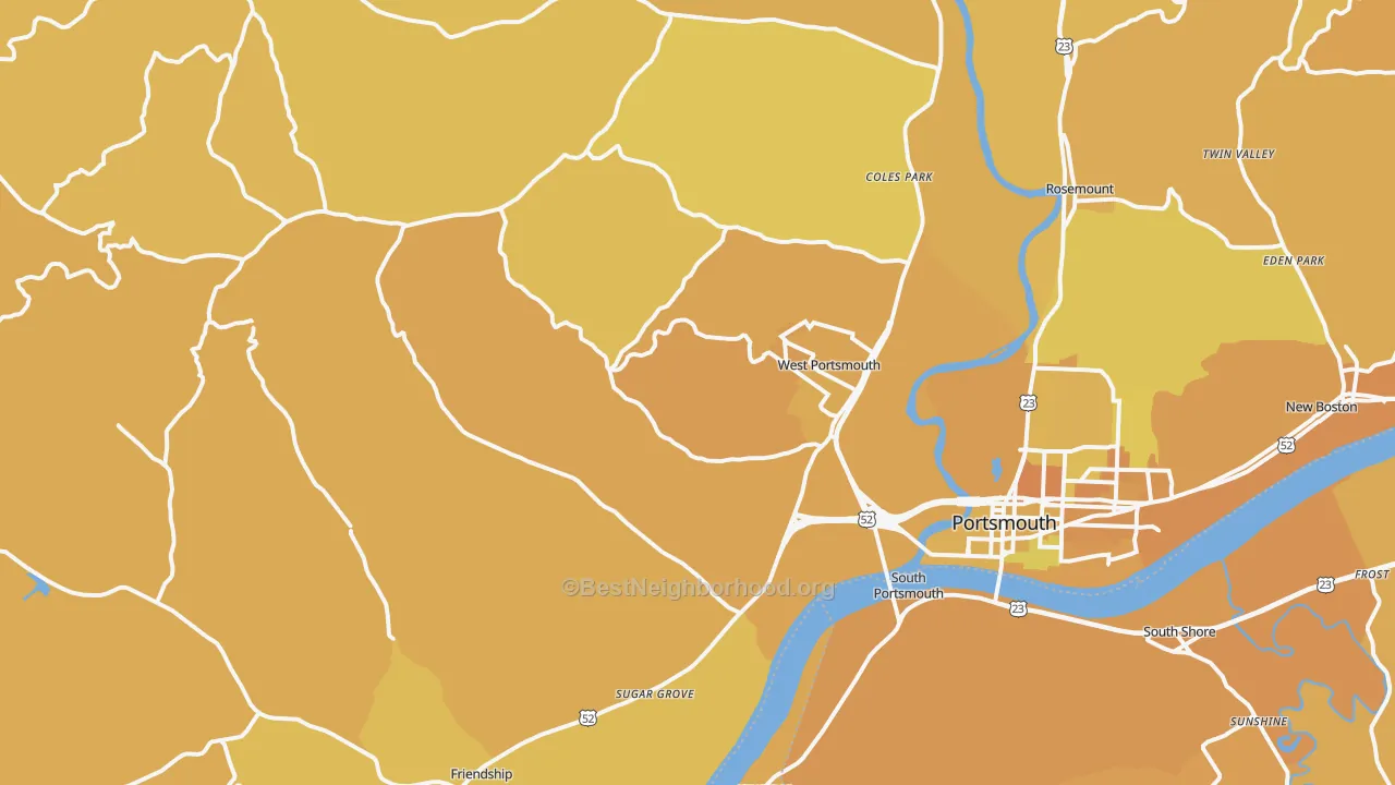 Map of the best neighborhoods in the 45663 area, with better matches in green and worse matches in red