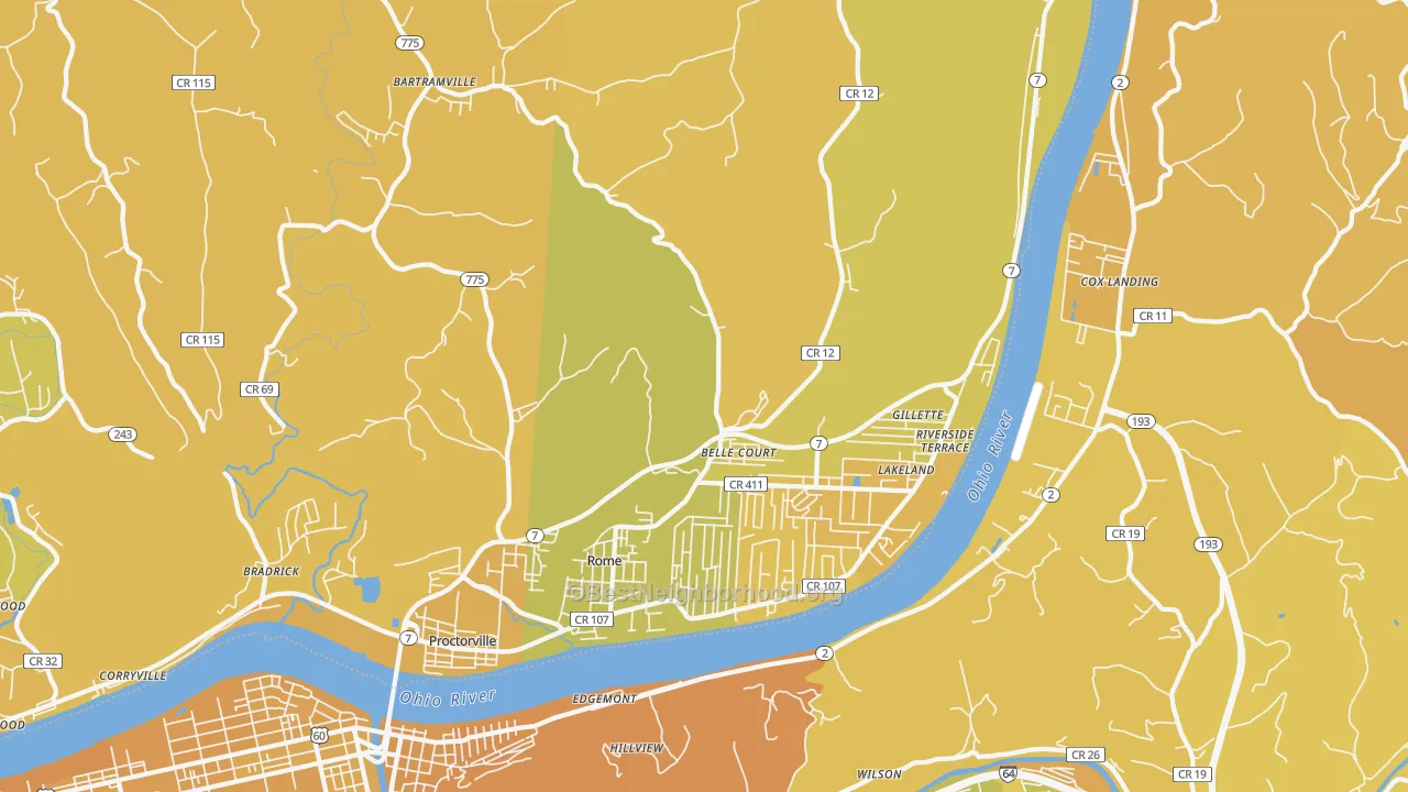 Map of the best neighborhoods in the 45669 area, with better matches in green and worse matches in red