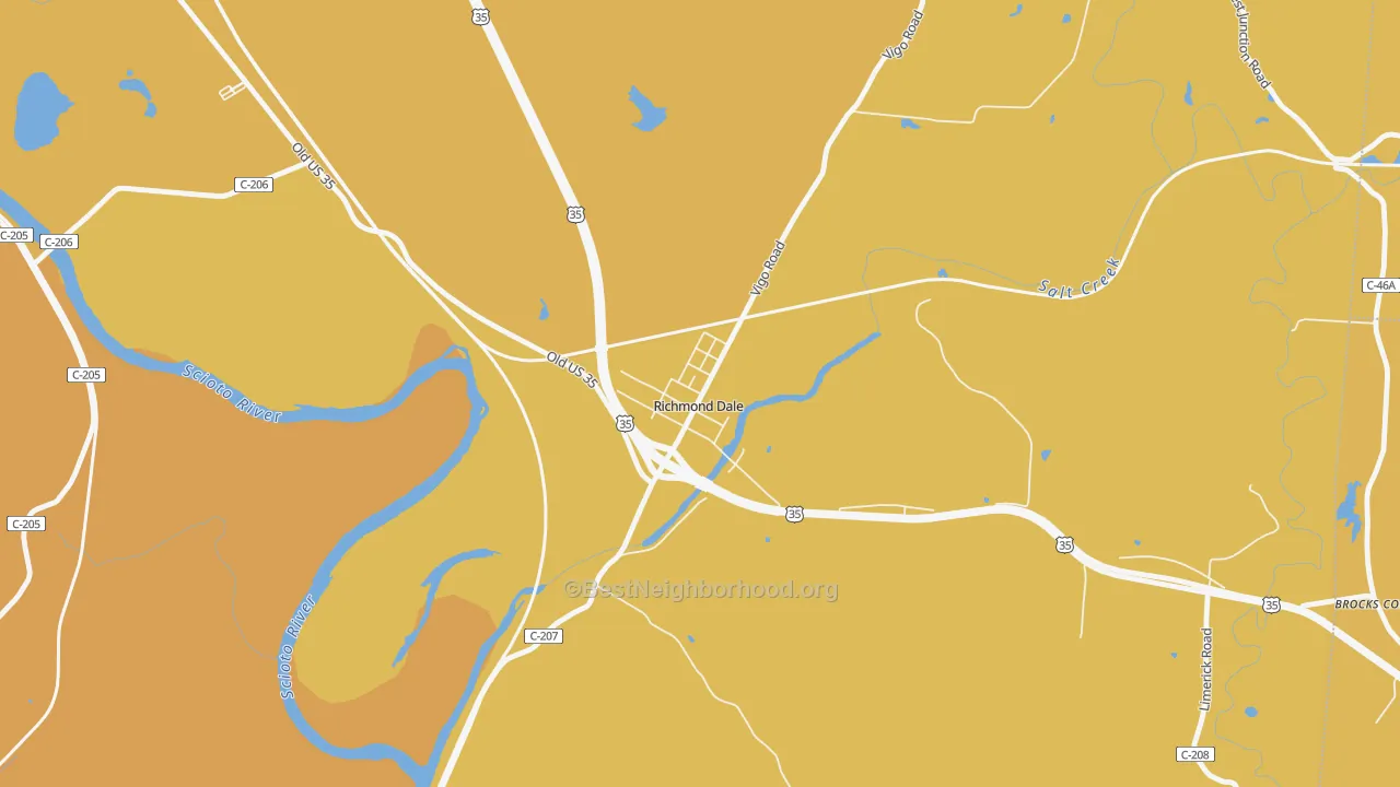 Map of the best neighborhoods in the 45673 area, with better matches in green and worse matches in red