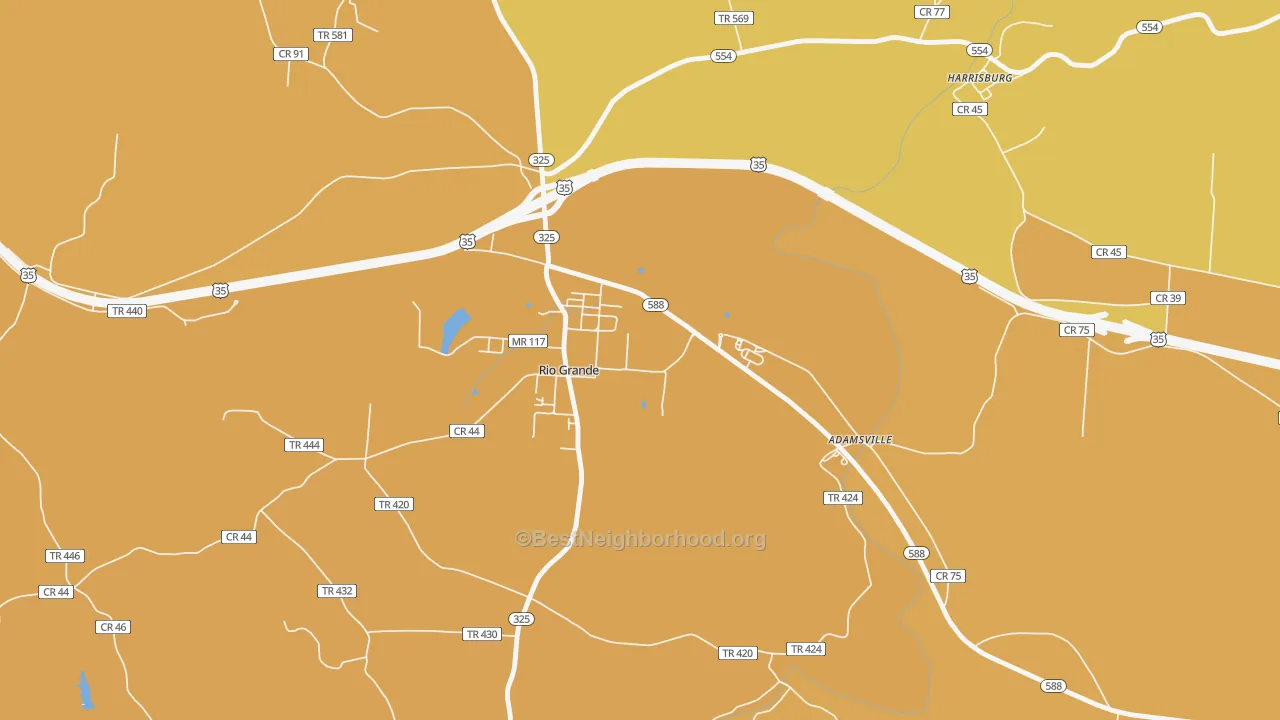 Map of the best neighborhoods in the 45674 area, with better matches in green and worse matches in red