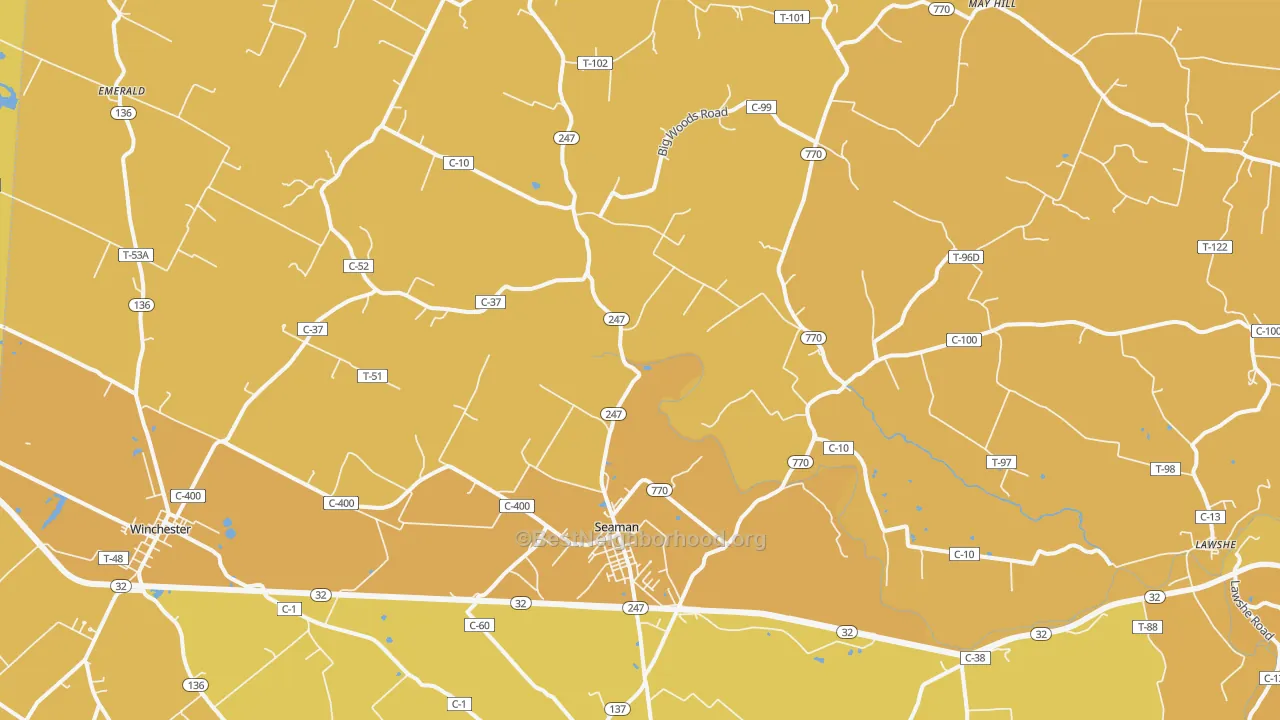 Map of the best neighborhoods in the 45679 area, with better matches in green and worse matches in red