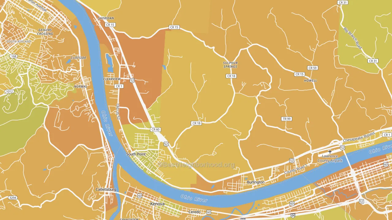 Map of the best neighborhoods in the 45680 area, with better matches in green and worse matches in red