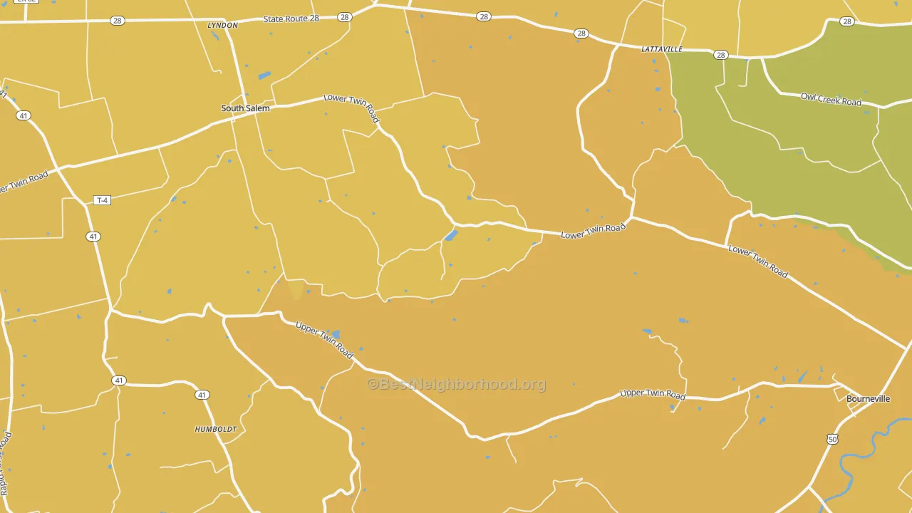 Map of the best neighborhoods in the 45681 area, with better matches in green and worse matches in red