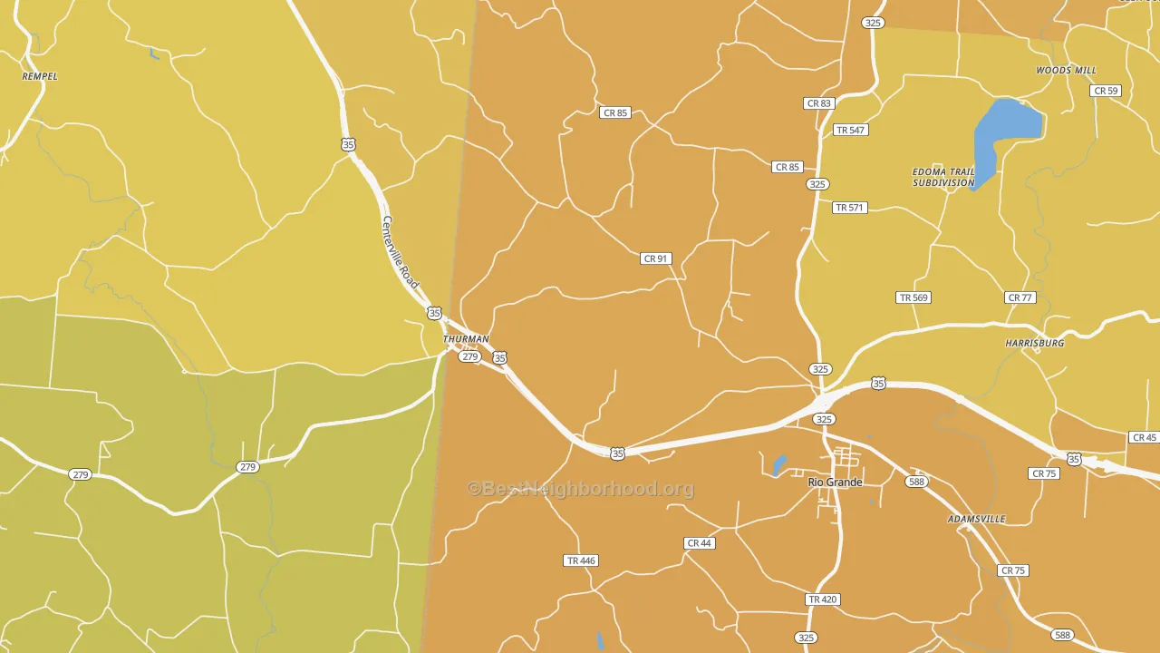 Map of the best neighborhoods in the 45685 area, with better matches in green and worse matches in red