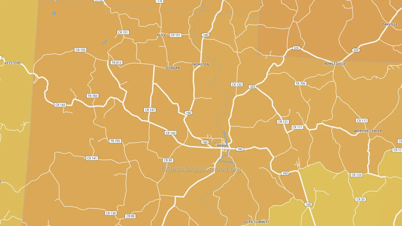 Map of the best neighborhoods in the 45686 area, with better matches in green and worse matches in red