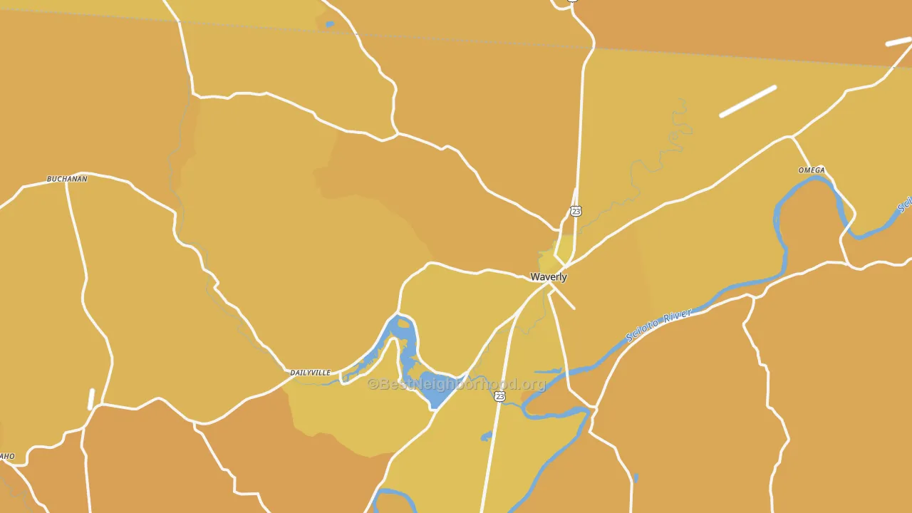 Map of the best neighborhoods in the 45690 area, with better matches in green and worse matches in red
