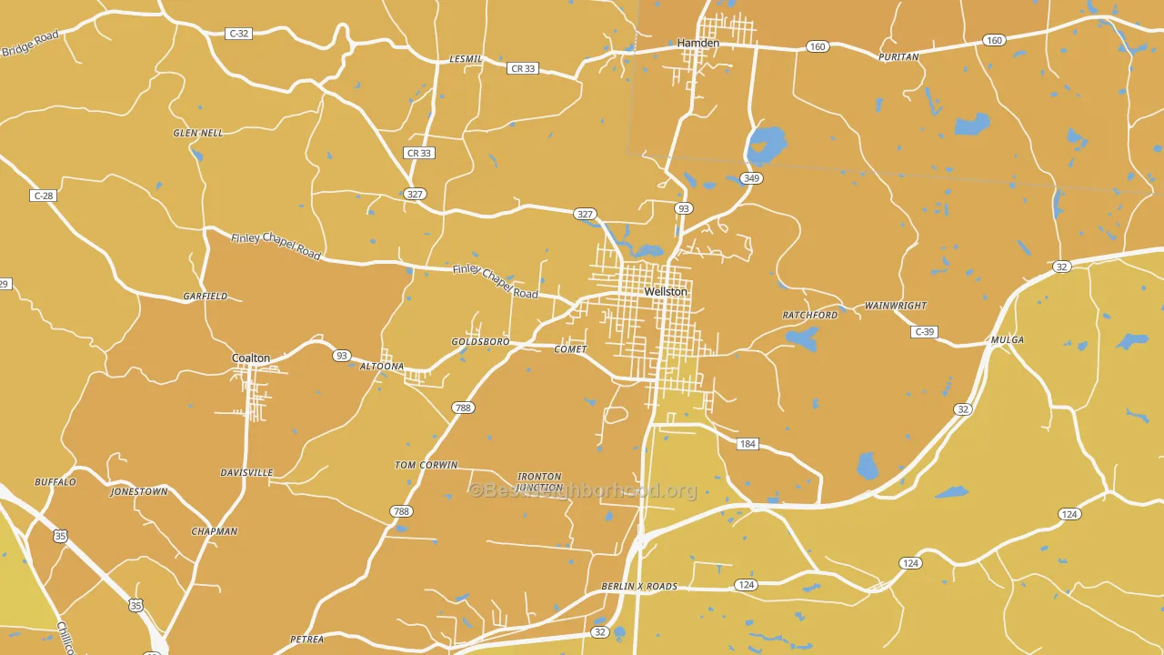 Map of the best neighborhoods in the 45692 area, with better matches in green and worse matches in red