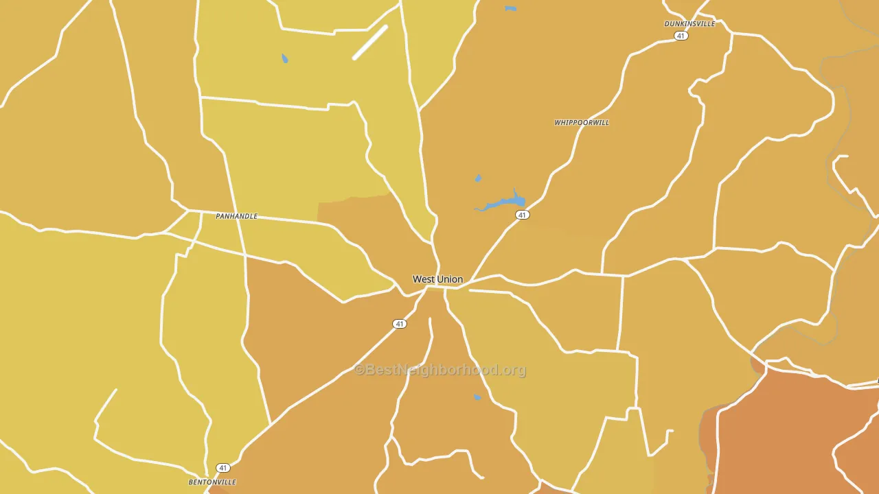 Map of the best neighborhoods in the 45693 area, with better matches in green and worse matches in red