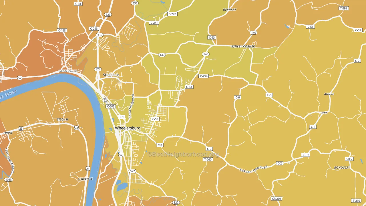 Map of the best neighborhoods in the 45694 area, with better matches in green and worse matches in red