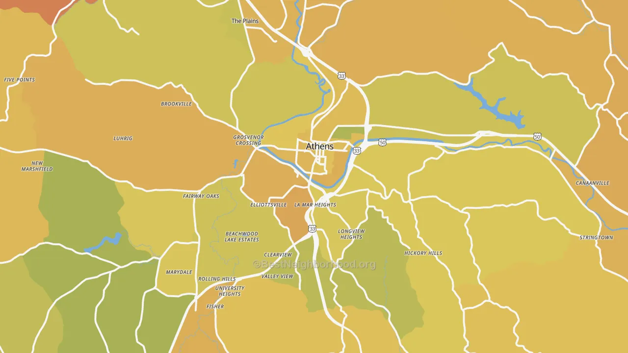 Map of the best neighborhoods in the 45701 area, with better matches in green and worse matches in red