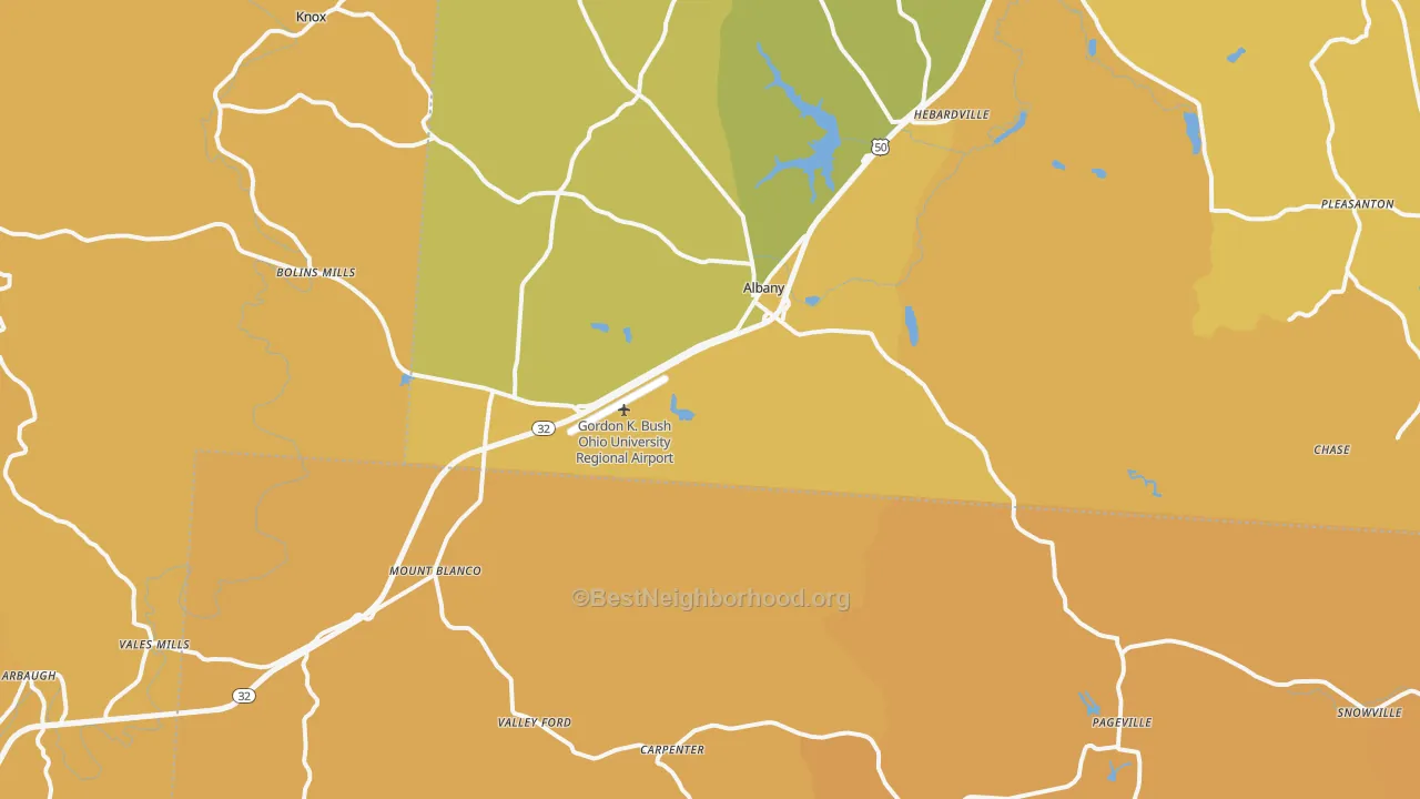 Map of the best neighborhoods in the 45710 area, with better matches in green and worse matches in red
