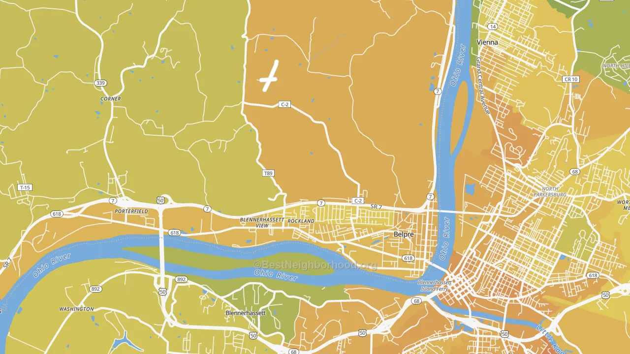 Map of the best neighborhoods in the 45714 area, with better matches in green and worse matches in red