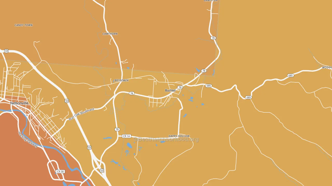 Map of the best neighborhoods in the 45716 area, with better matches in green and worse matches in red