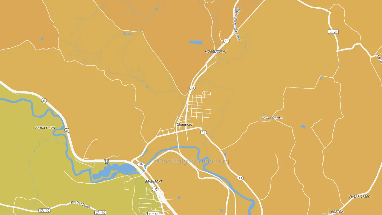 Map of the best neighborhoods in the 45719 area, with better matches in green and worse matches in red