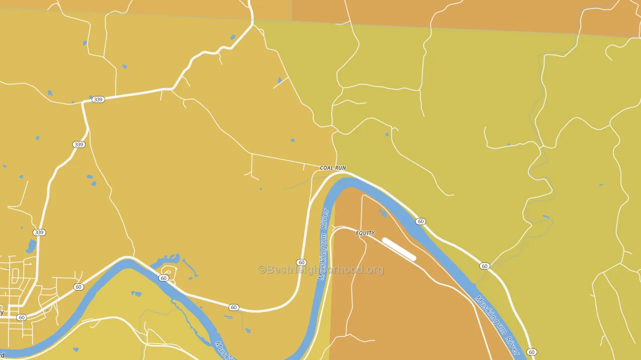 Map of the best neighborhoods in the 45721 area, with better matches in green and worse matches in red