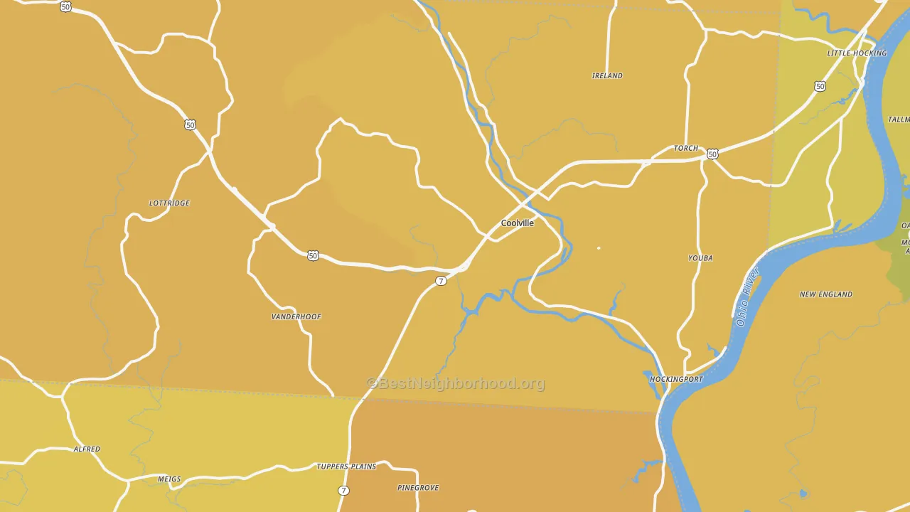 Map of the best neighborhoods in the 45723 area, with better matches in green and worse matches in red