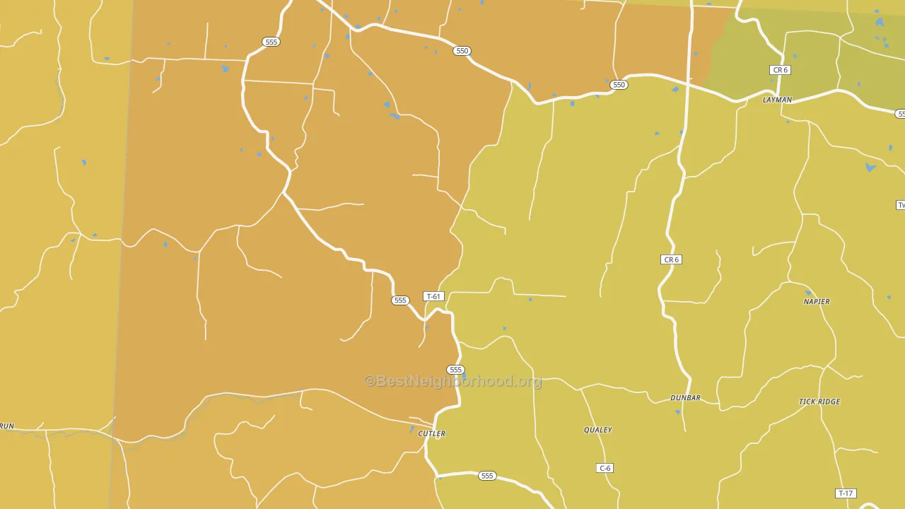 Map of the best neighborhoods in the 45724 area, with better matches in green and worse matches in red