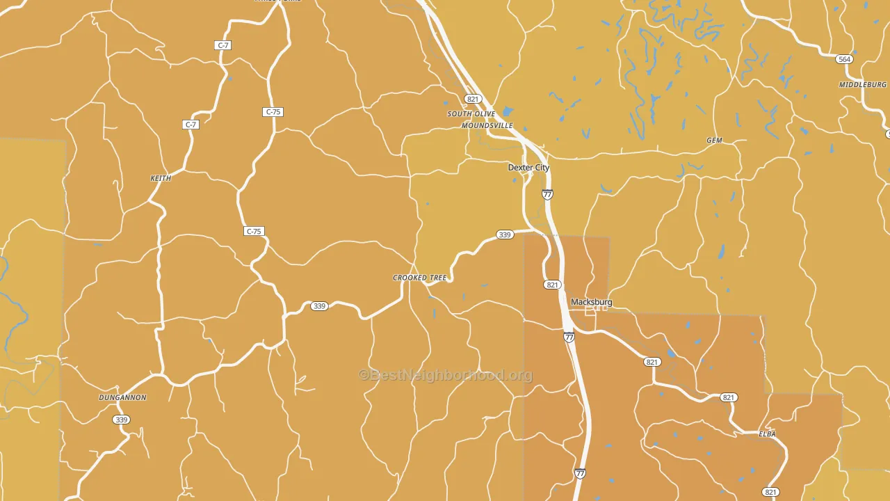 Map of the best neighborhoods in the 45727 area, with better matches in green and worse matches in red