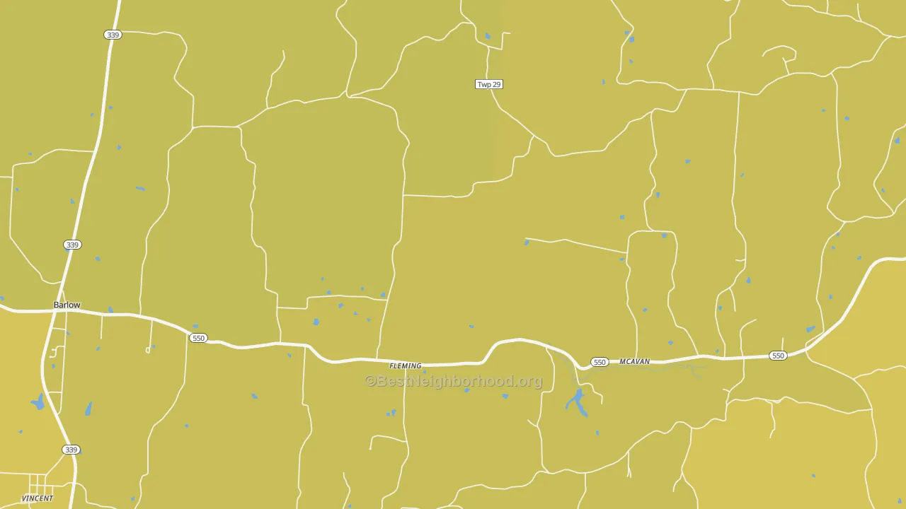 Map of the best neighborhoods in the 45729 area, with better matches in green and worse matches in red