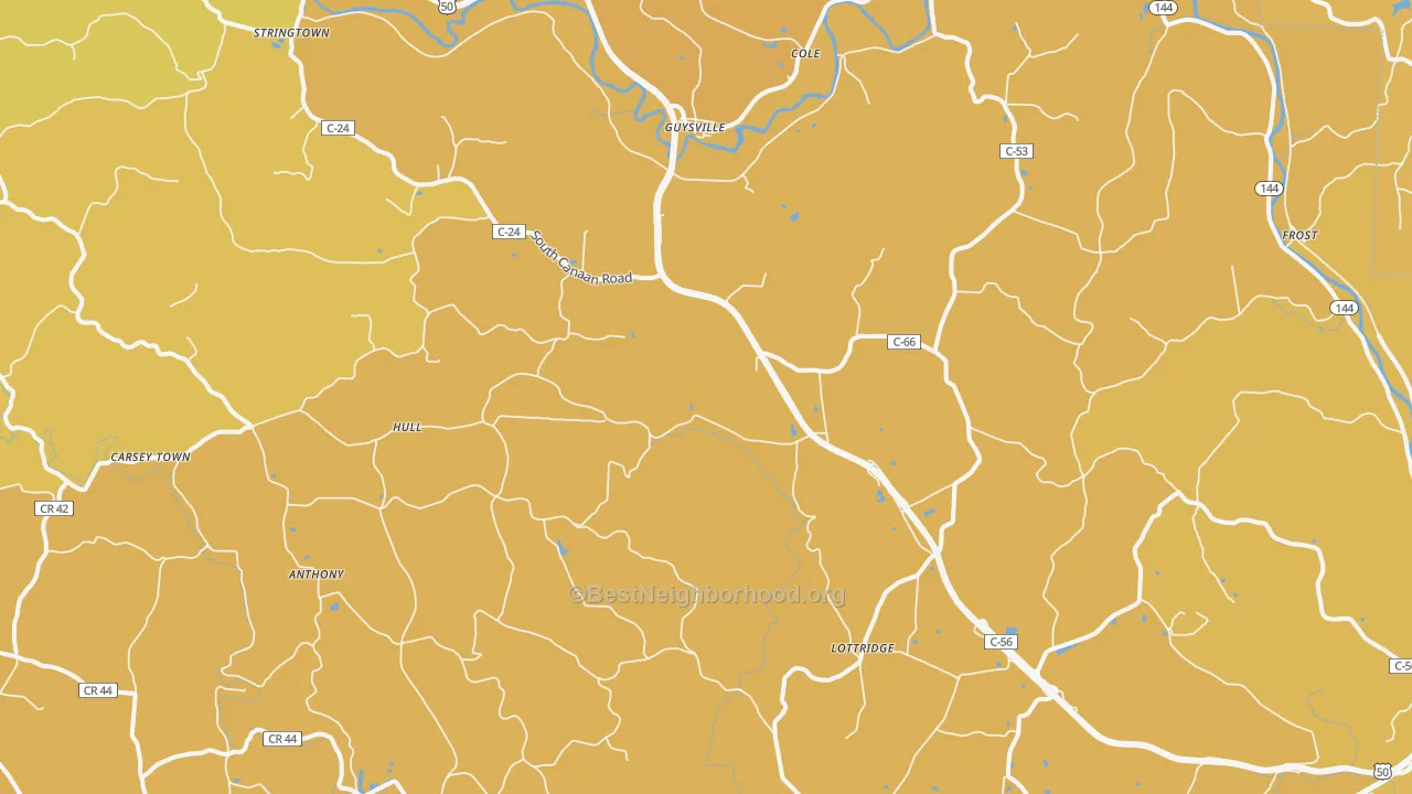 Map of the best neighborhoods in the 45735 area, with better matches in green and worse matches in red