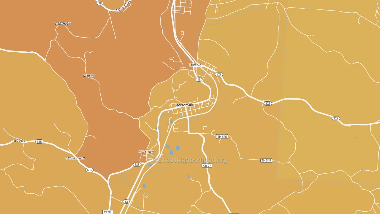 Map of the best neighborhoods in the 45740 area, with better matches in green and worse matches in red