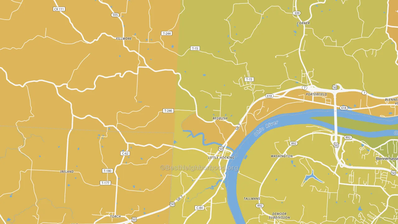 Map of the best neighborhoods in the 45742 area, with better matches in green and worse matches in red