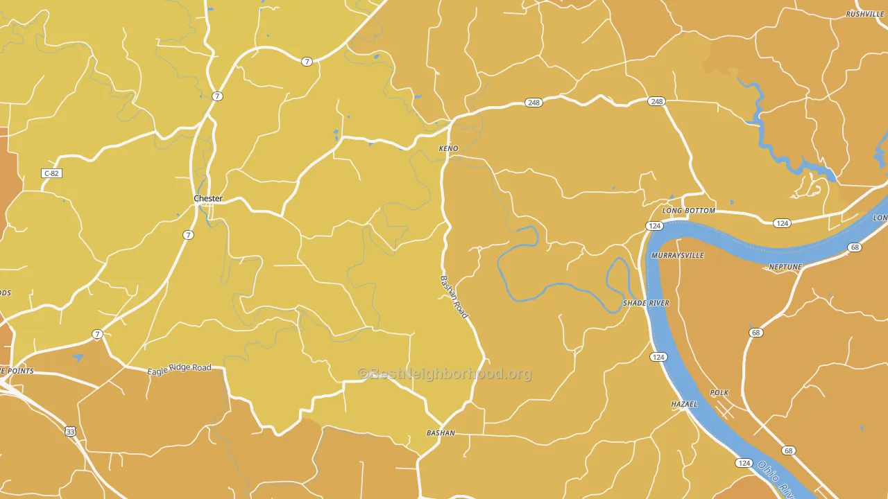 Map of the best neighborhoods in the 45743 area, with better matches in green and worse matches in red