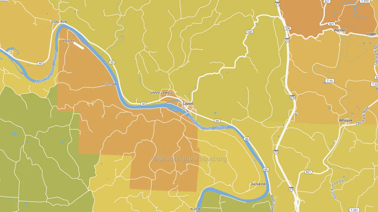 Map of the best neighborhoods in the 45744 area, with better matches in green and worse matches in red