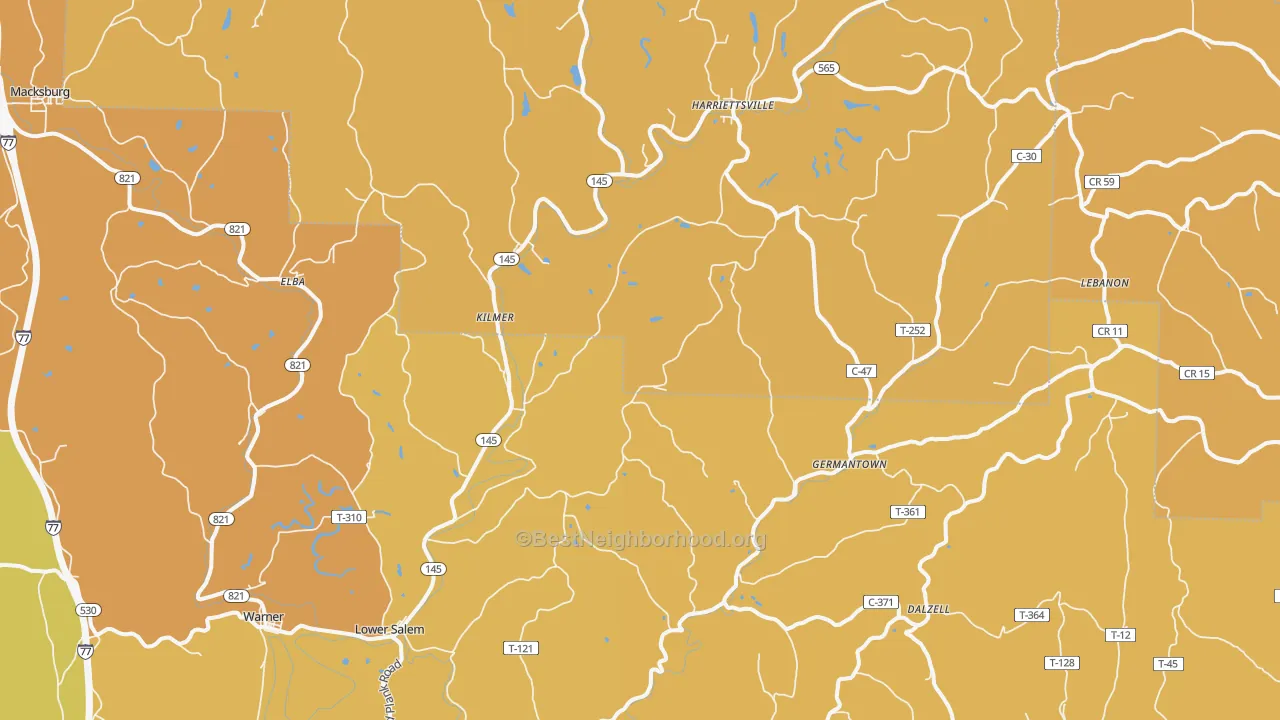 Map of the best neighborhoods in the 45745 area, with better matches in green and worse matches in red